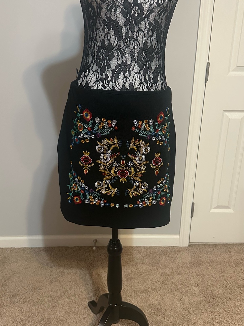 SHEIN Black Mini Skirt with Colorful Floral Embroidery